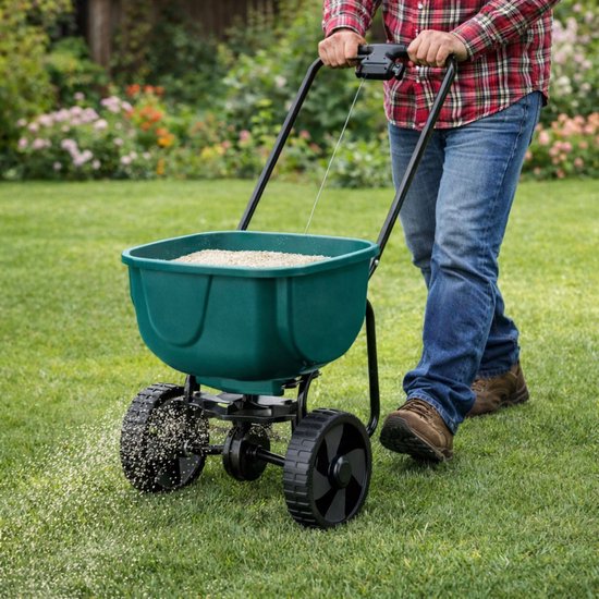 MOZY® - Universele Strooiwagen - 27 liter - voor Mest, Zaden, Zout en Zand - tot 20 kilo - Groen - 3 Meter Strooibreedte - Meststofstrooier - Strooikar - Zoutstrooier - Zandstrooier van Merkloos	 — afbeelding 4