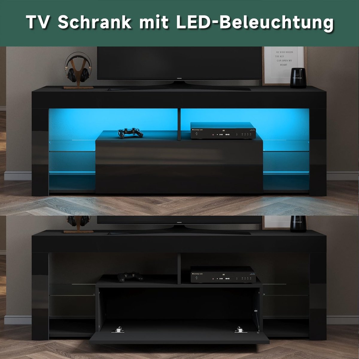 Nordic Glow LED TV-Meubel Hoogglans Zwart 140 x 35 x 50,5 cm met Glazen Plank, Soft-Close Deuren en Afstandsbedienbare Verlichting – Casa Dorada