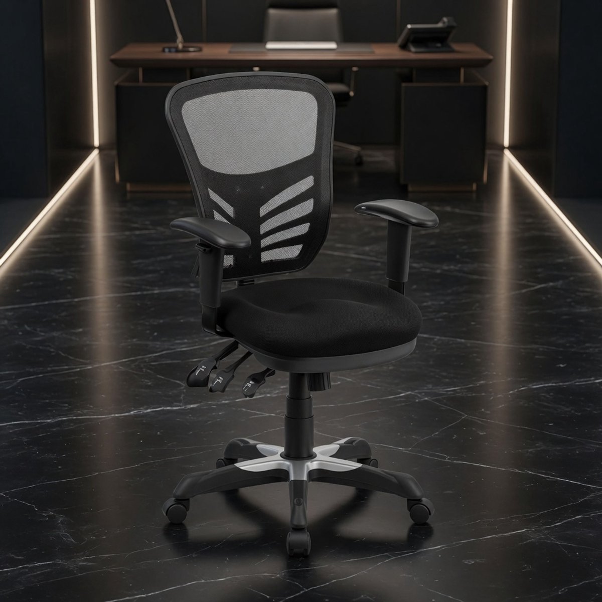 Ergonomische Bureaustoel met Mesh Rugleuning, Verstelbare Armleuningen & Lendensteun – Comfortabele Draaistoel voor Thuis, Kantoor en Gaming – Zwart | Mobili Bella