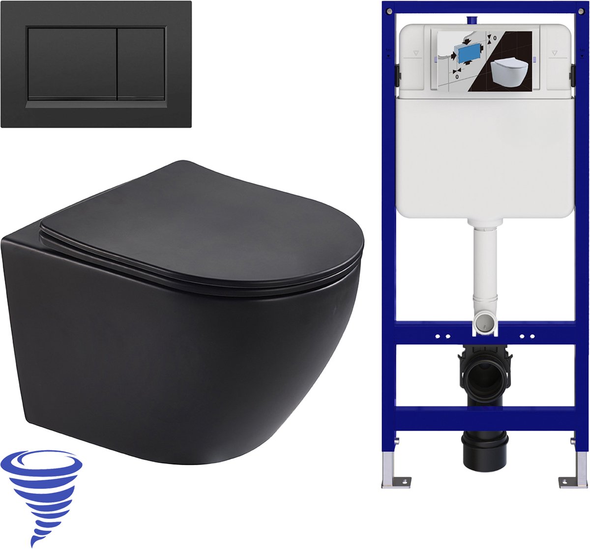 LOMAZOO Hangtoilet met Inbouwreservoir - Rond Zwart - Drukplaat Vierkant Zwart - Linea