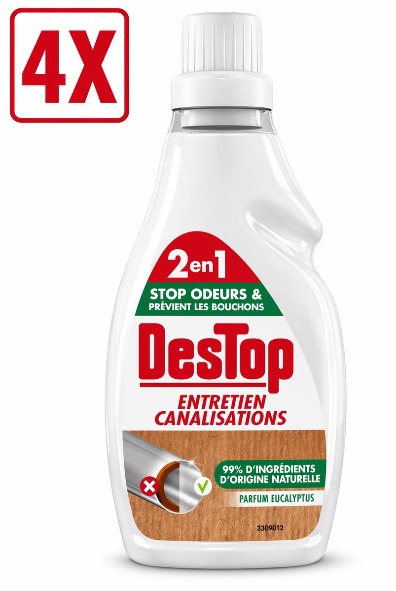 4 x DesTop - Onderhoud Leidingen - Ecologisch met Witte Azijn - Natuurlijke Ingrediënten - Eucalyptusgeur - 750 ml