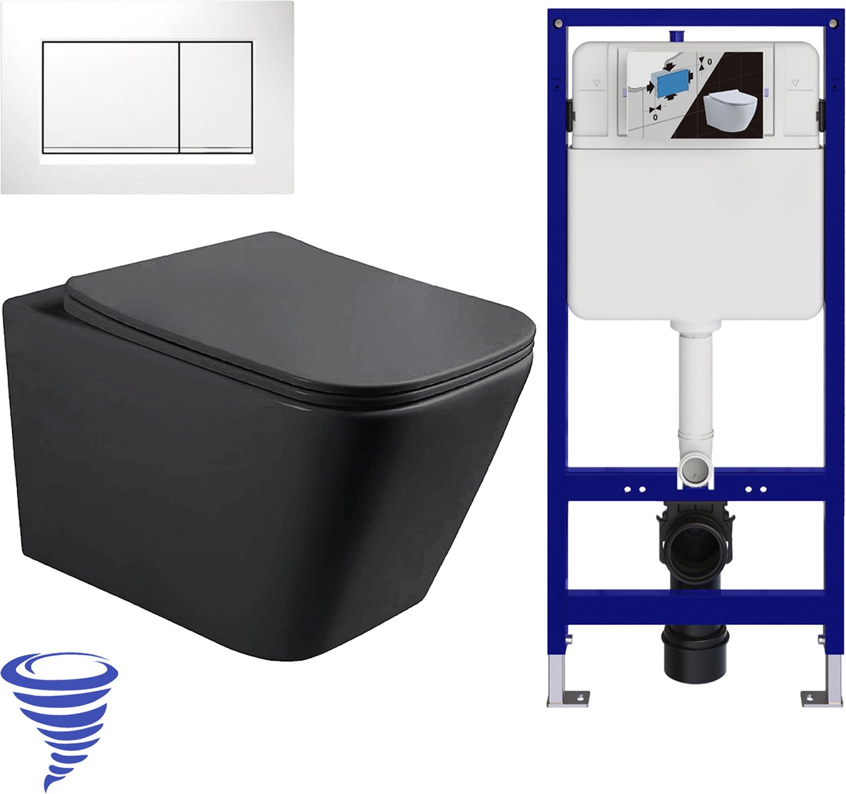LOMAZOO Hangtoilet met Inbouwreservoir - Vierkant Zwart - Drukplaat Vierkant Wit - Linea