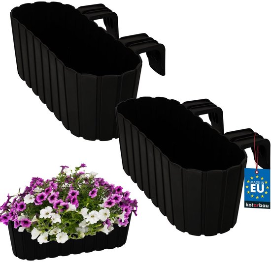 KOTARBAU® 2 st Balkonbak, Bloembak voor Balkon, PVC, 40x15x15 cm, Antraciet, Balkonbak met Houder, Plantenbak, Ovaal, Lichtgewicht, Balkondecoratie, Weerbestendig Plantenbak