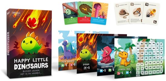 De Happy Little Dinosaurs kaartspelbox met 4 kaarten en een spelbord. Een groene dinosaurus staat voor een vallende meteoriet.