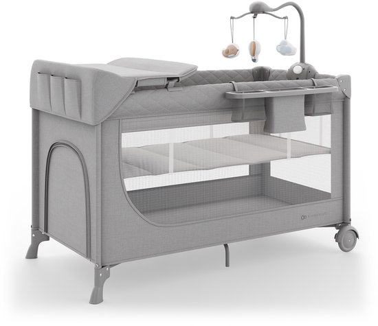 Kinderkraft LEODY UP - 2-in-1 reisbedje - met verschoontafel en organizer - inklapbaar - met muziek mobiel - Grijs