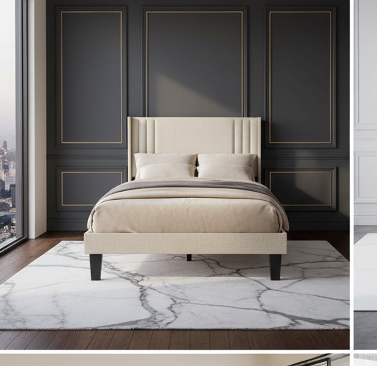 Serenova Luxe Gestoffeerd Bed 120x200 cm met Opbergruimte in Hoofdbord – Beige Tweepersoonsbed met Lattenbodem en Stevig Metalen Frame – Ruimtebesparend en Stil Bedframe – Mobili Bella