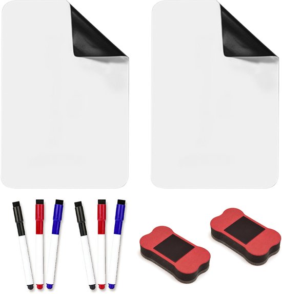 2 stuks Afgeronde hoeken Magnetisch whiteboard (14,8 x 21 cm) — Maat S — Koelkastmagneet / Memobord / Schrijfbord / Leermiddel — Glad schrijfoppervlak — Ideaal voor scholen, kantoren en thuis — Inclusief 2 wisser + 6 whiteboardstiften - A5
