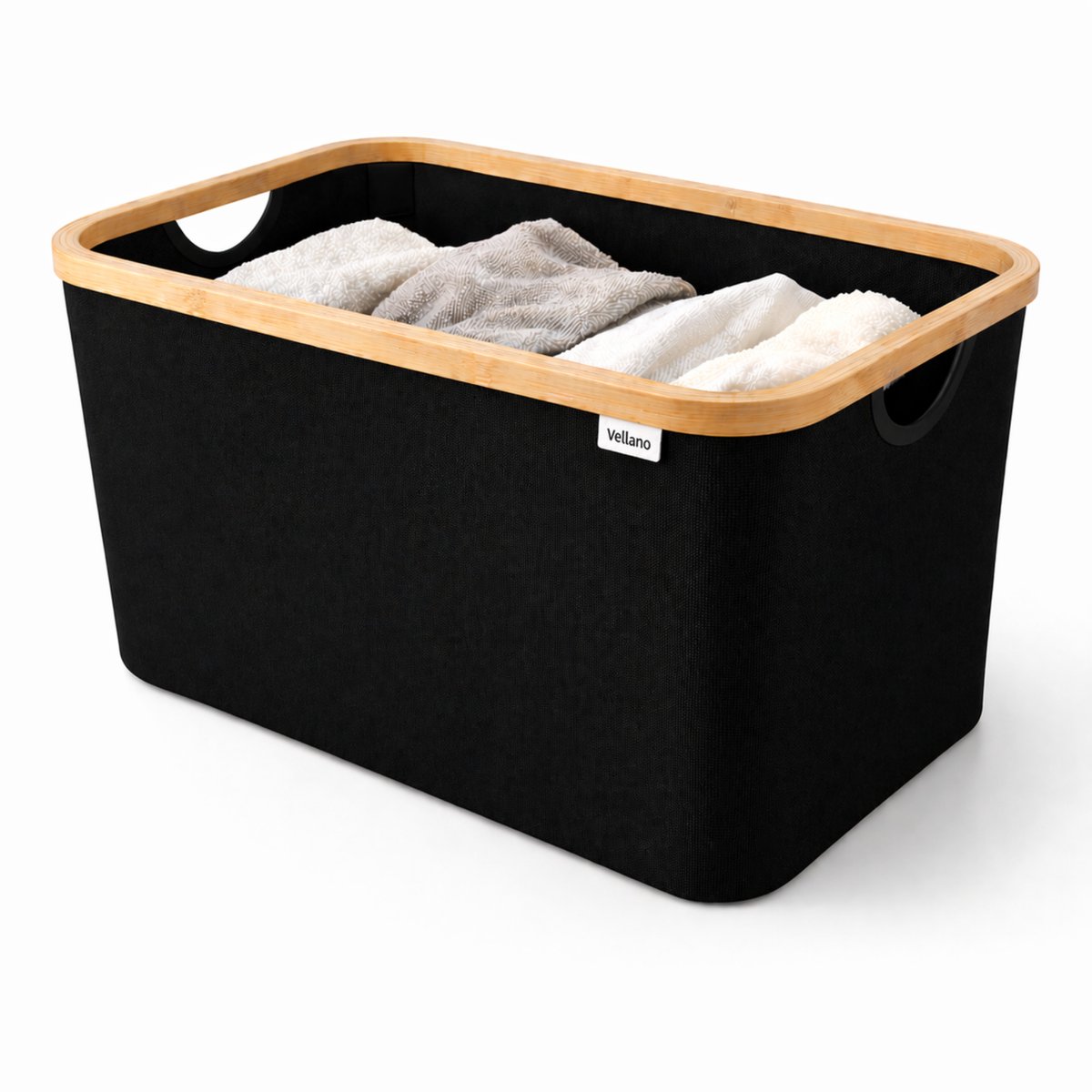 Vellano Opvouwbare Wasmand 45L – Zwart – Wasmand met Bamboe Rand – Inklapbare Wasbox met Handgrepen – Heupwasmand – Opbergmand