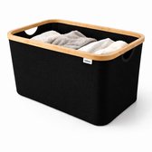 Vellano Opvouwbare Wasmand 45L – Zwart – Wasmand met Bamboe Rand – Inklapbare Wasbox met Handgrepen – Heupwasmand – Opbergmand