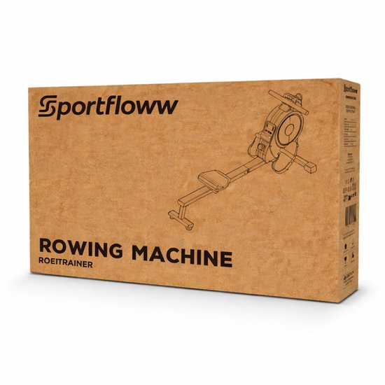 Doos van een Sportfloww roeitrainer met een illustratie van het product erop.