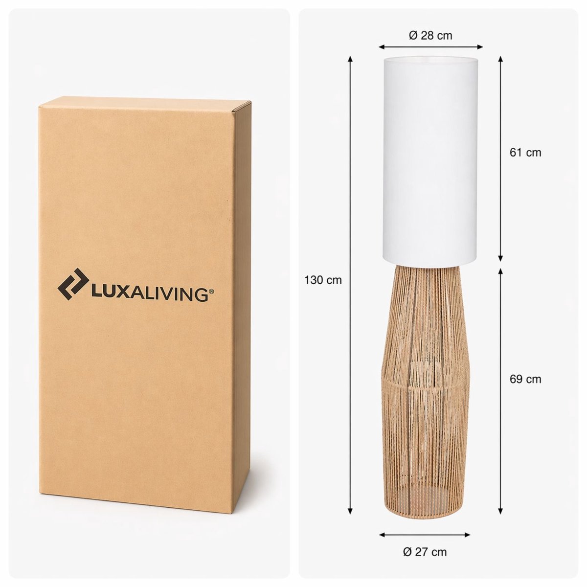 Luxaliving Vloerlamp Boho Rotan – Staande Lamp met Stoffen Kap – Natuurlijke Beige Vloerlamp voor Woonkamer & Slaapkamer – Warme Sfeerverlichting -130 cm thumbnail 5