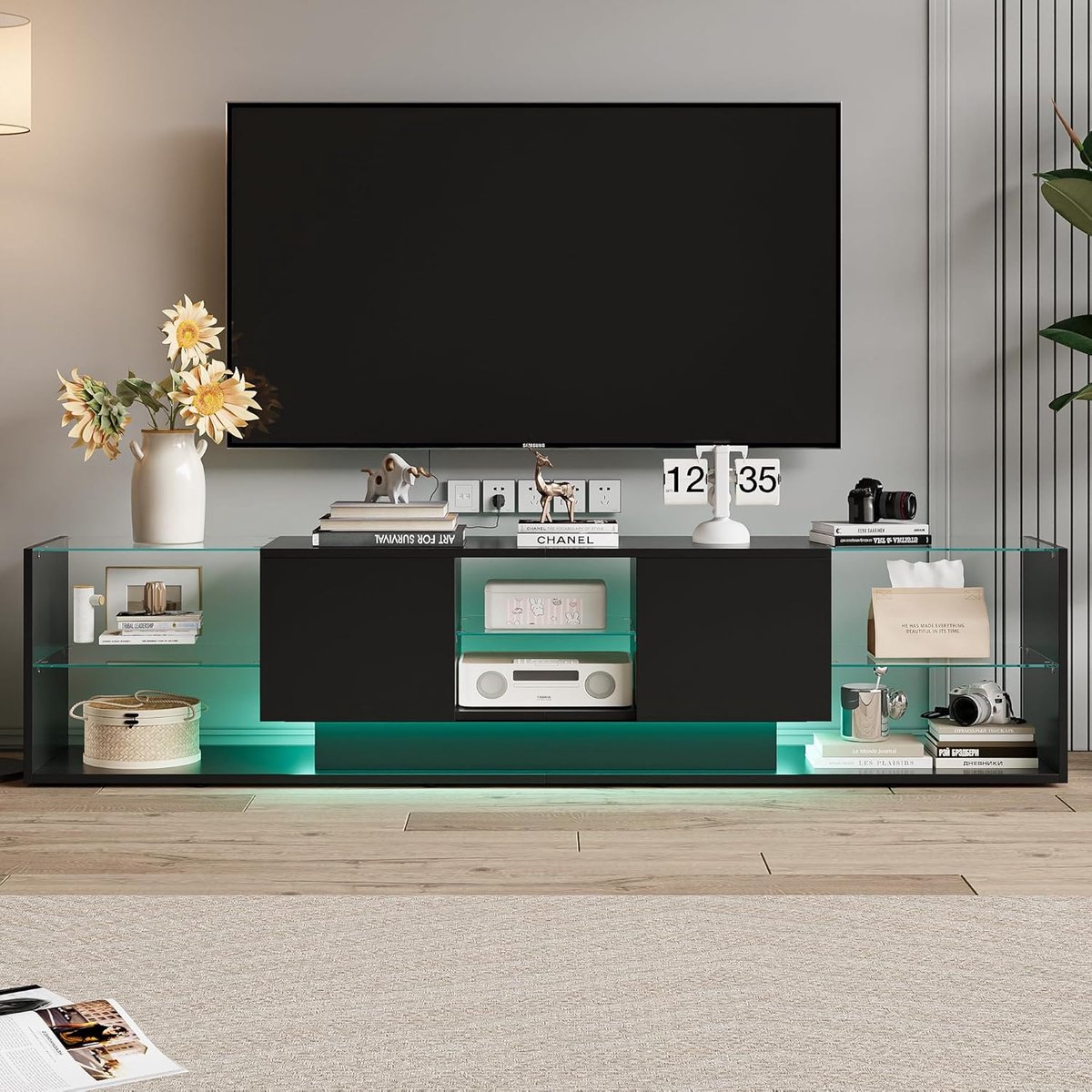 Moderne LED TV Kast 200x35x45 cm met Opbergruimte en Glasdesign – Zwart Hoogglans TV Meubel voor Woonkamer & Slaapkamer
