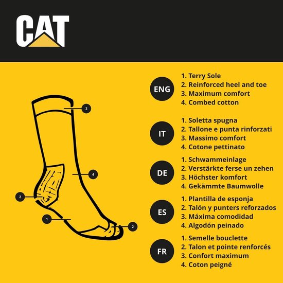 Illustratie van een sok met details, zoals Terry Sole, versterkte hiel/teen, comfort en gekamd katoen.