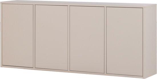 Un buffet beige avec quatre portes sur fond noir.