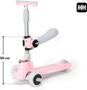 Roze loopfiets/step met grijze zitting en stuur. Afmeting van 30 cm gemarkeerd.