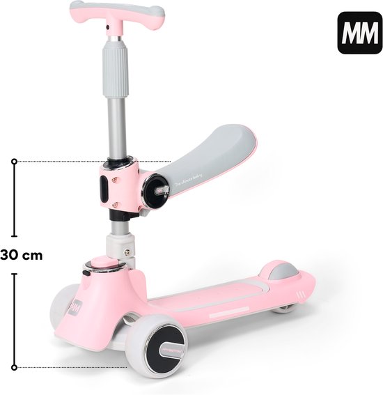 Roze loopfiets/step met grijze zitting en stuur. Afmeting van 30 cm gemarkeerd.