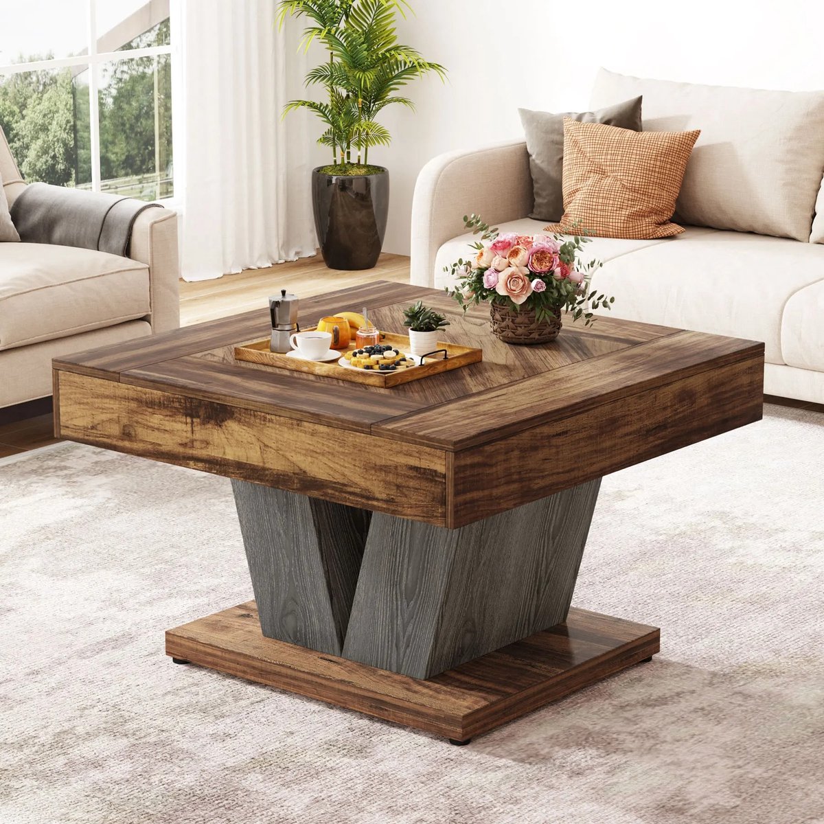 Questyr vierkante salontafel van 80 cm in rustiek bruin en zwart - moderne houten middentafel voor de woonkamer Rustiek bruin + donkergrijs/zwart