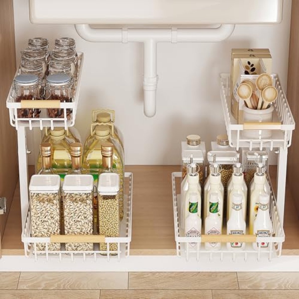 PromoHome Onder de Gootsteen Opbergruimte 2 Stuks - Uittrekbare Organizer met Verstelbare Hoogte - Metalen Kastorganizer voor Keuken en Badkamer - Wit