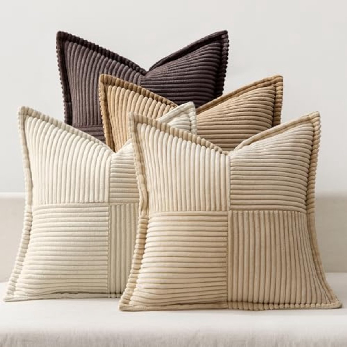 PromoHome Corduroy kussenhoezen set van 4 decoratieve patchwork sierkussenhoezen voor bank of sofa, met onzichtbare rits, 50 x 50 cm