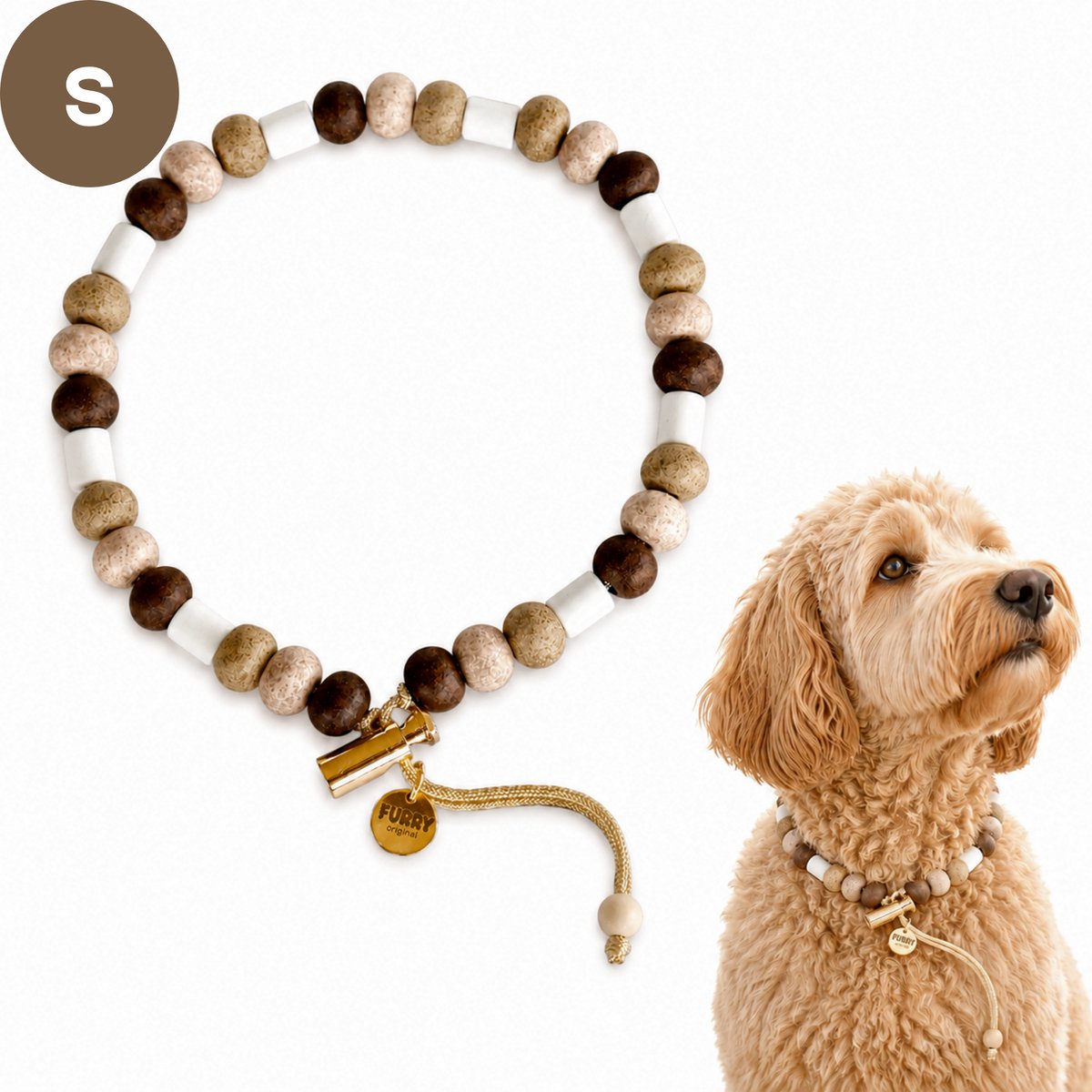 Furry Original® Anti Tekenband met EM Kralen - Vlooienband Hond - Natuurlijk Alternatief voor Pipet, Pillen, Tabletten, Vlooienspray en Vlooiendruppels - Vlooien en Teken Band - S 30-35 cm - Sand Stone - Honden Verzorging