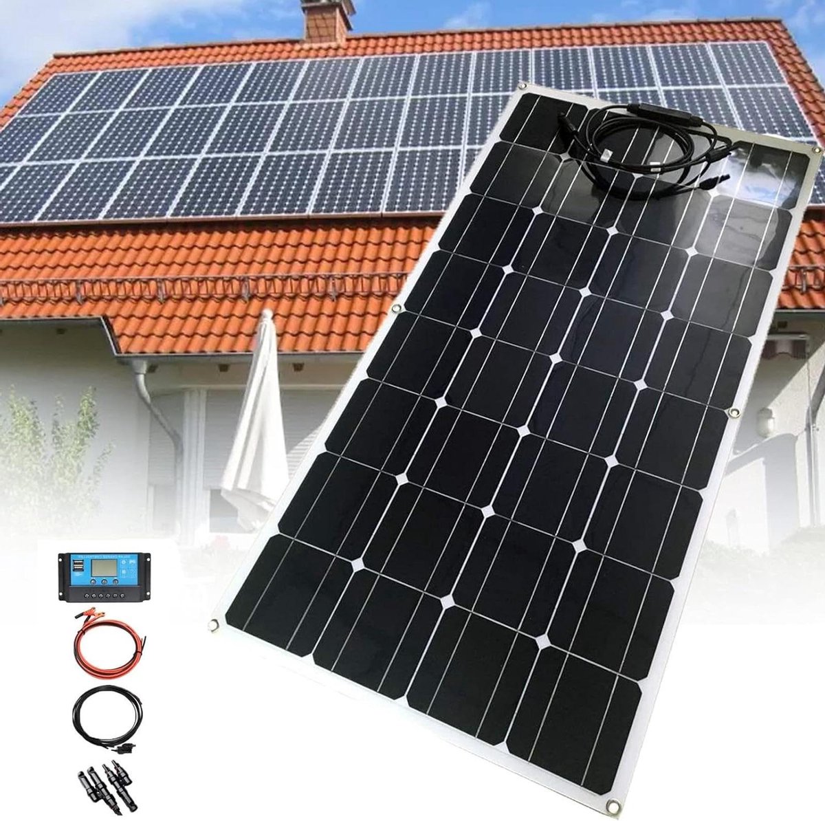Zonnepaneel Kit - Zonne-energie Systeem - Accu Opladen - Flexibel ETFE Materiaal - 100W 18V - Zwart