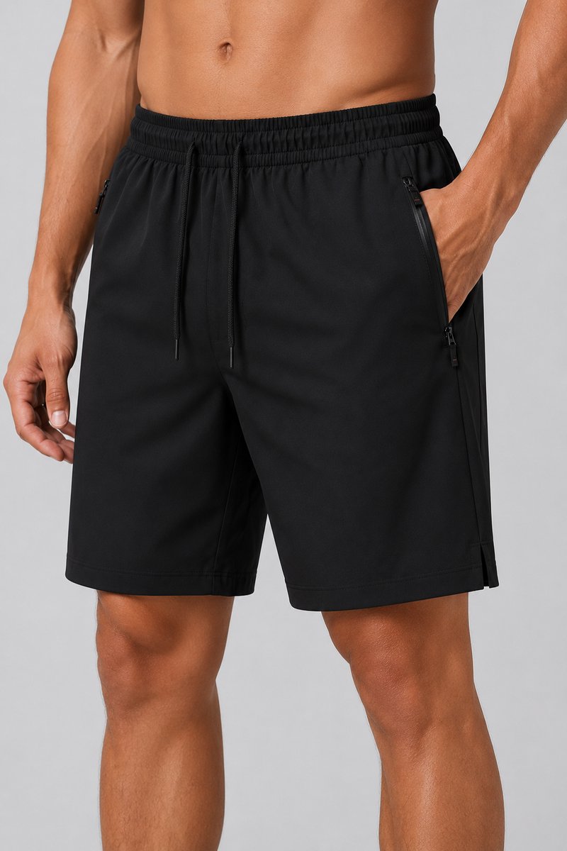 SparkNine Swift heren sport broek - met ritszakken - M - zwart - fitness short - ademend - trainingsshort - elastische band met koord - sneldrogend