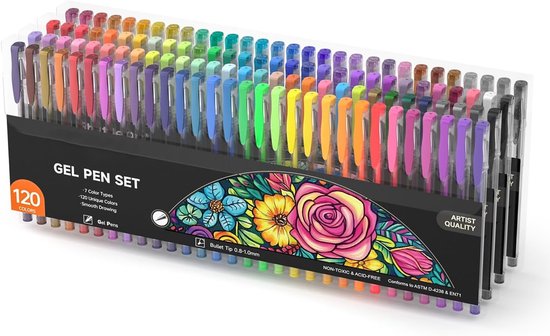 Ensemble de 120 stylos gel dans un emballage transparent, avec des couleurs comme le rouge, l'orange, le jaune, le vert, le bleu et le violet.