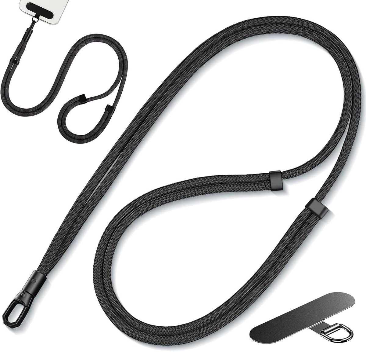 Universele zwarte telefoonketting met korte lanyard voor smartphones, handig en praktisch voor dagelijks gebruik