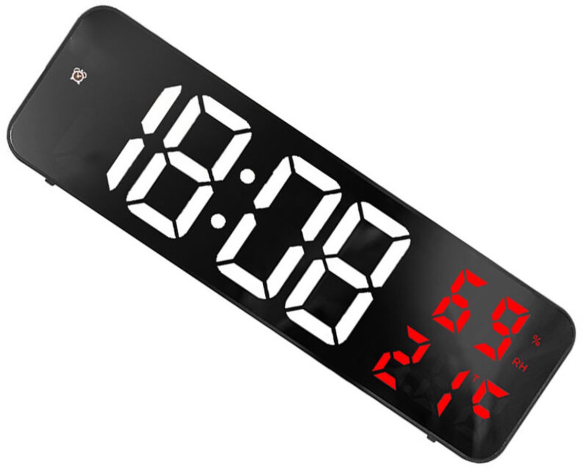 Grote LED digitale spiegelklok, elektronische wekkergeschikt voor thuis, groot scherm, stekker, wandmontage, wit en rood.