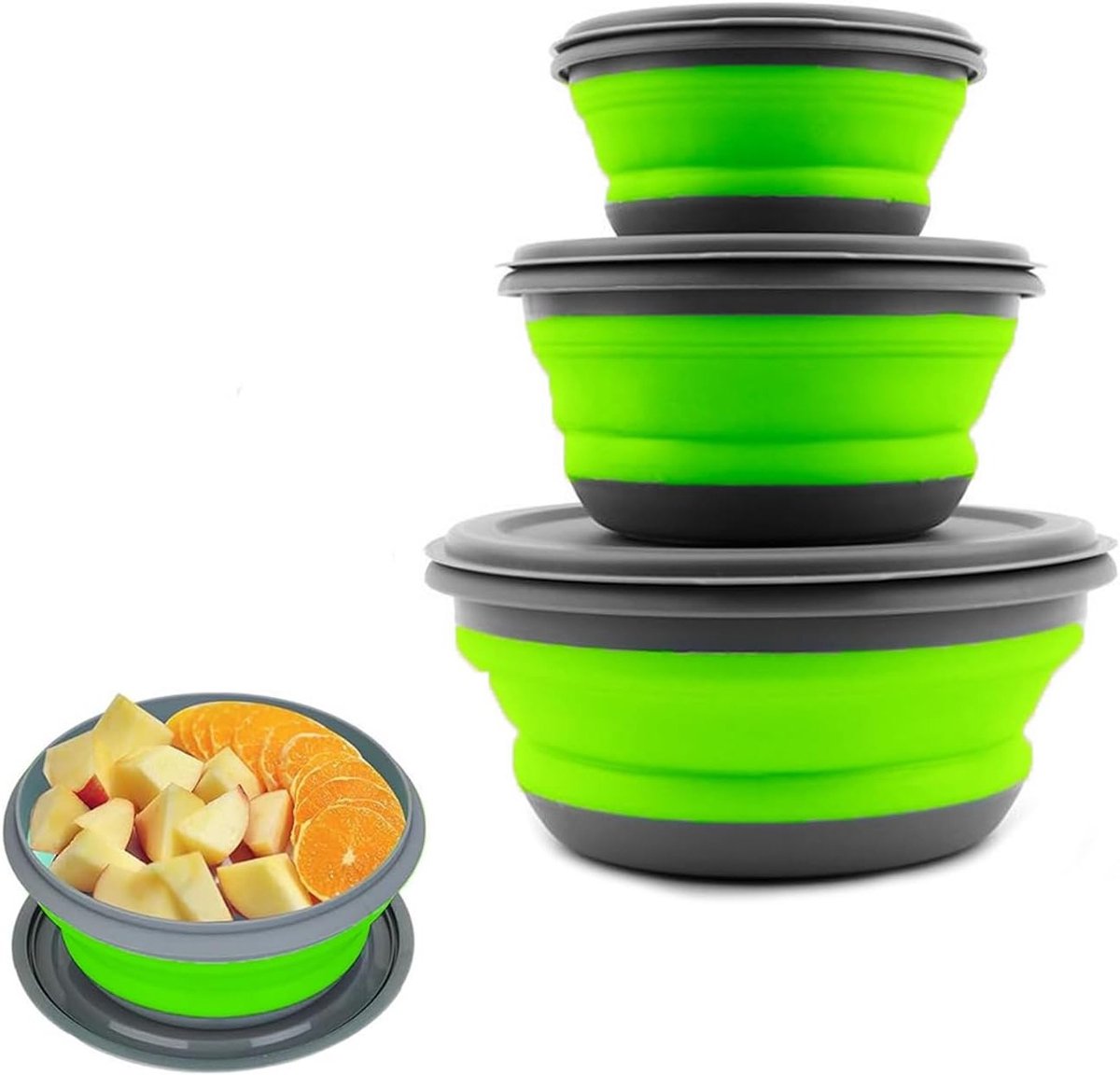 Drie Stuks Vouwbare Siliconen Kommen met Deksel voor Kamperen, Wandelen en Buitenactiviteiten - Ideaal voor Keuken en School (Grasgroen)