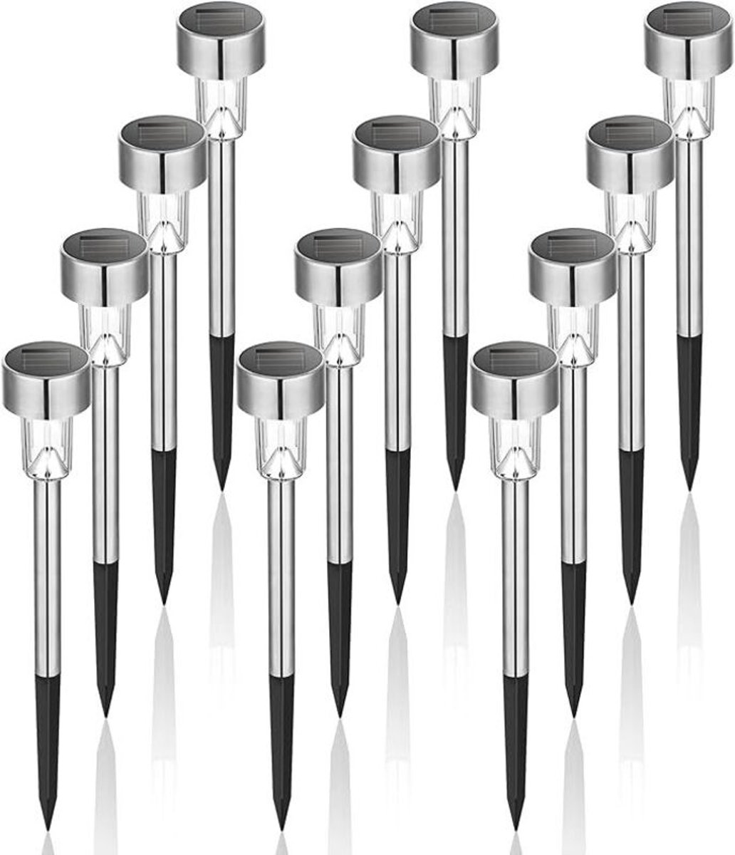 Een set van 12 waterdichte, roestvrijstalen buitenlampen op zonne-energie (warm wit licht), geschikt voor terrassen, gazons, patio's en tuinaanleg.
