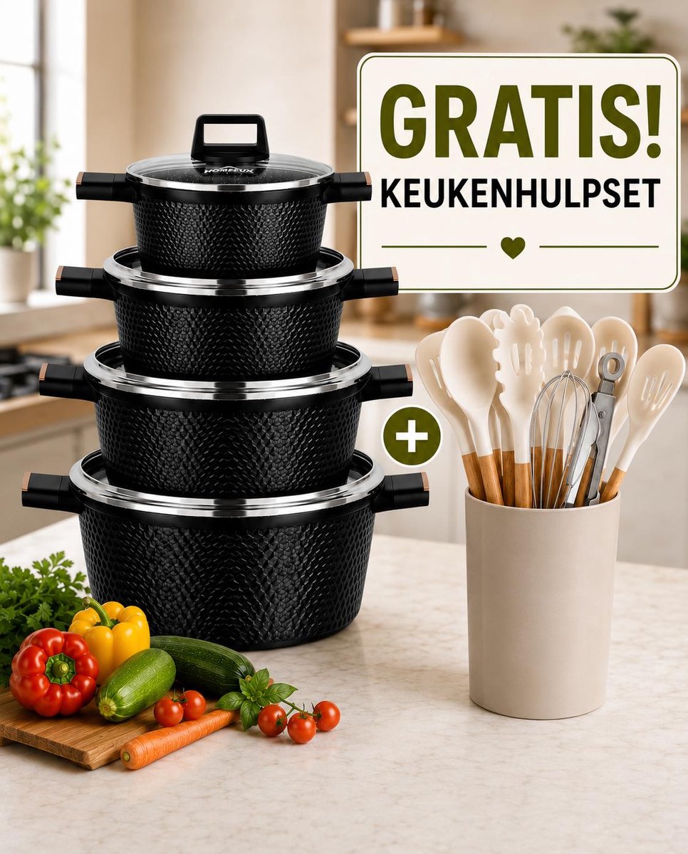 HOMELUX Pannenset 8-delig, 20/24/28/32cm Kookpottenset met Antiaanbaklaag, + gratis 12 delig keukengerei set Kookpotten Inductie voor Alle Kookplaten, PFOA/PFOS-vrij, ZWART