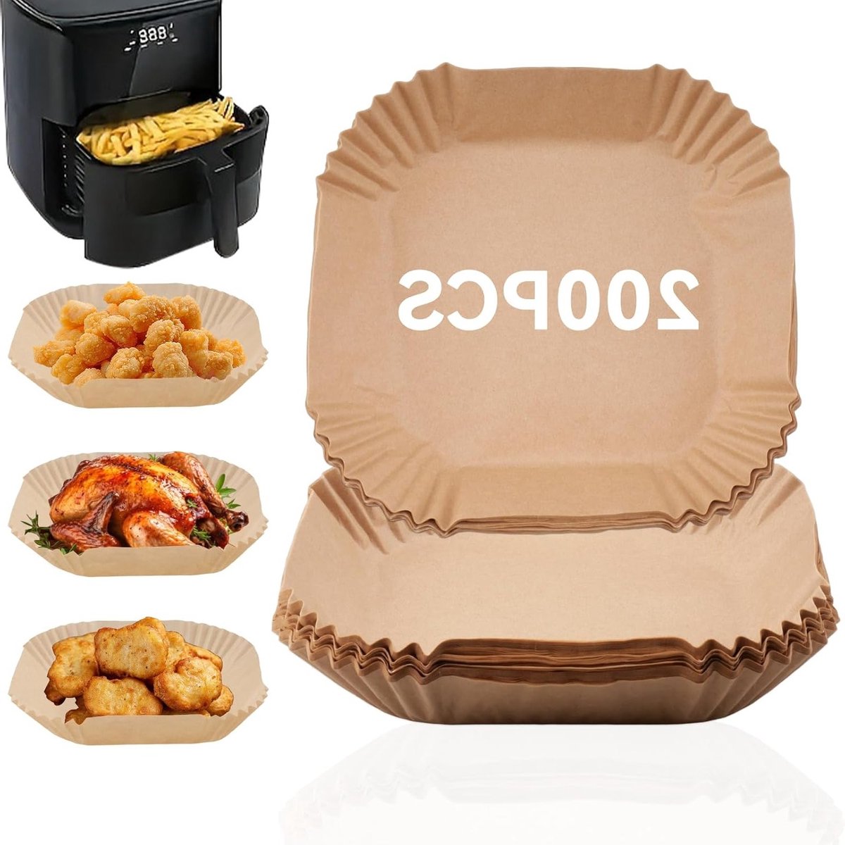 200 Stuks Bakpapier voor Airfryer, Vierkant 20x20cm, Niet Plakbaar, Waterdicht en Vetbestendig, Wegwerp Pergamentpapier voor Bakplaten en Magnetrongebruik