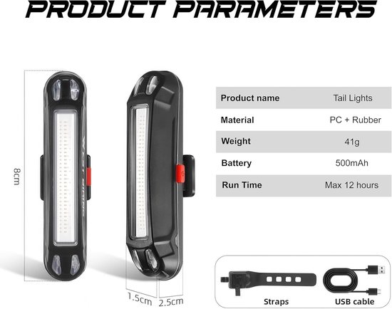 Achterlicht voor op de fiets, USB-C oplaadbaar, fietshelmverlichting, 6 lichtstanden, waterdicht, lange batterijduur, geschikt voor fietsen, mountainbikes, helmen, scooters, rugzakken, 2 achterlichten voor de fiets. — afbeelding 5