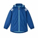 Blauw jack met visgraatpatroon, capuchon, ritssluiting en reflecterende strepen.