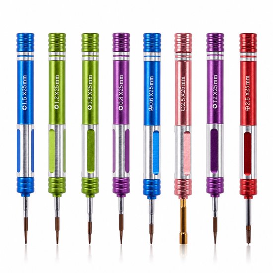 Set van acht precisie schroevendraaiers met gekleurde handvatten: blauw, groen, groen, paars, blauw, roze, paars, rood.