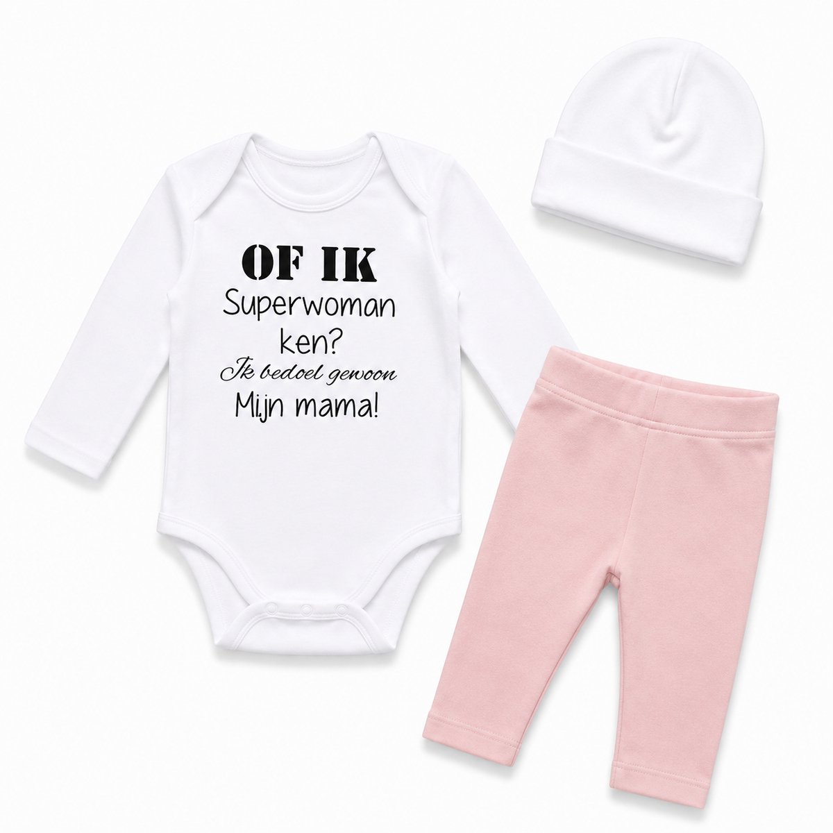 baby romper met tekst  Meisjes Setje 3-delig cadeau geboorte newborn | maat 62-68 | roze mutsje roze broekje en wit romper lange mouw tekst zwart of ik superwoman ken je bedoelt gewoon mijn mama | Bodysuit | Huispakje | Kraamkado | Gift Set