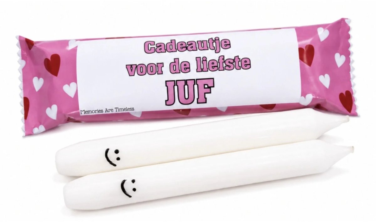 Memories Are Timeless Juf Cadeau - Dinerkaarsen met Smiley - Roze Cadeauverpakking met Hartjes - Memories Are Timeless
