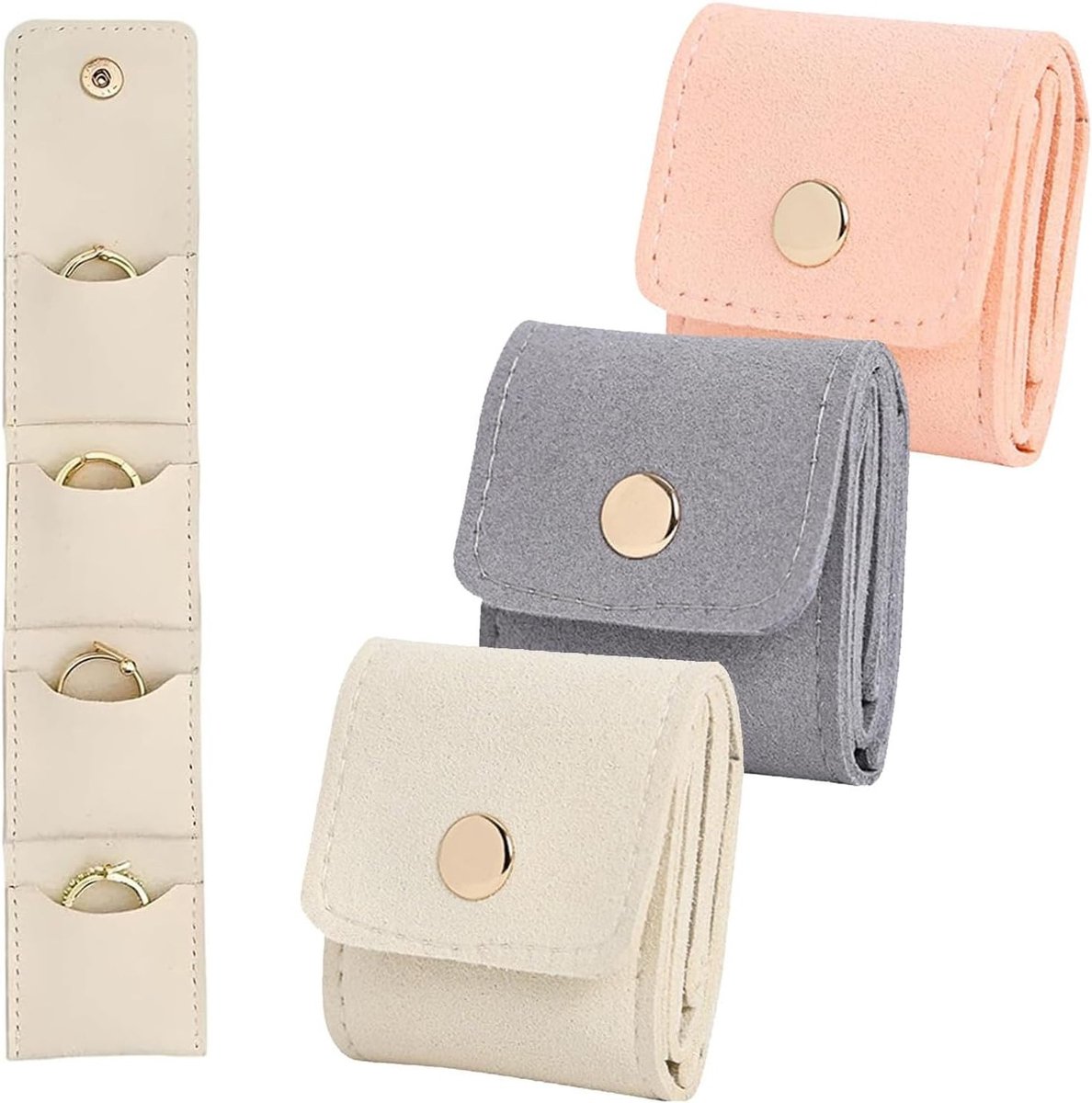 Mini Reis Sieraden Organizer - 3-delige Set met Sluiting, Handige Sieraden Rolltas in Grijs, Beige en Roze