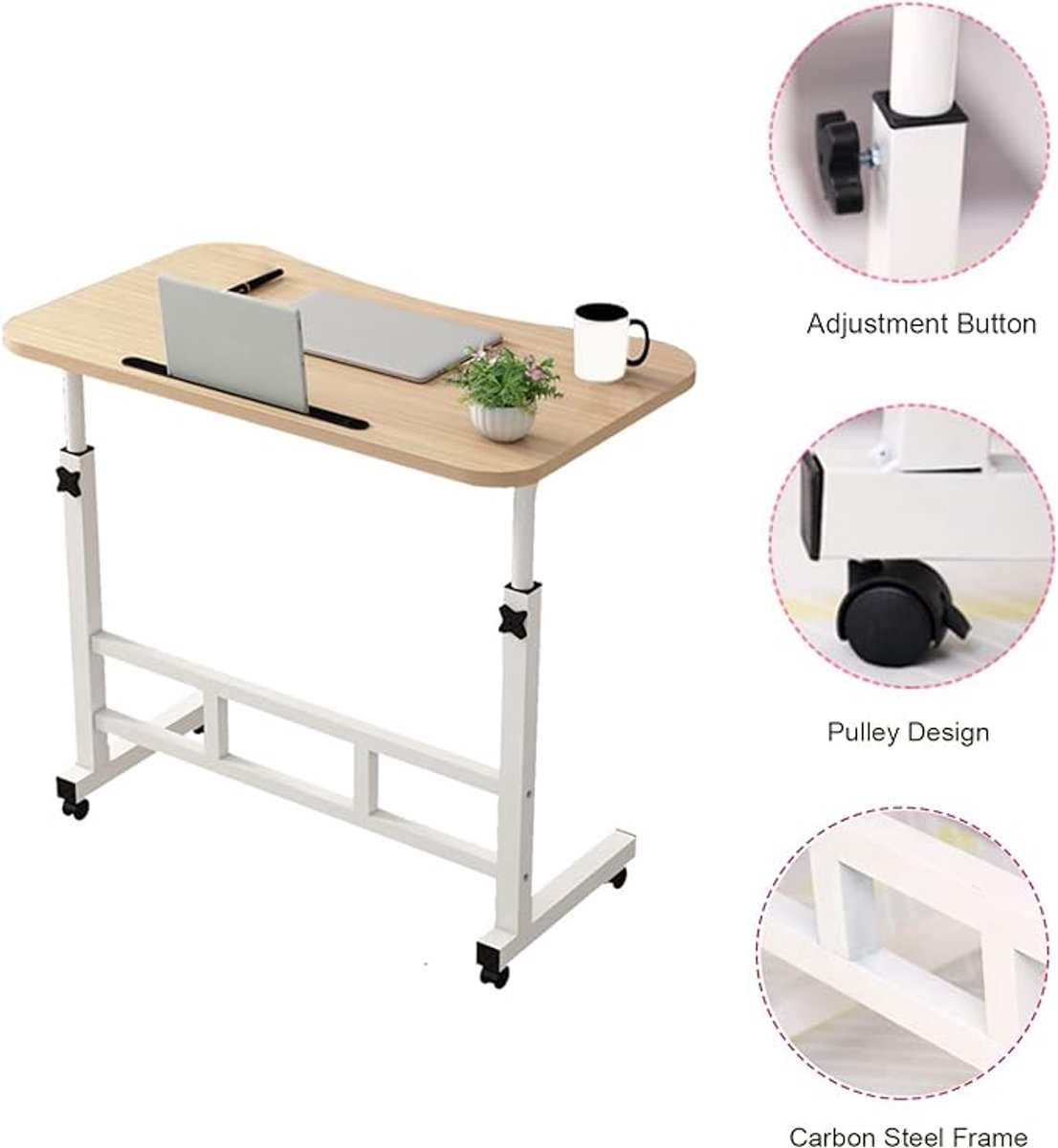 Laptoptafel Verrijdbaar 79x41 cm Hoogte Verstelbaar – Compact Bureau op Wielen voor Home Office, Bed & Bank – Mobiele Computertafel met Tablet Sleuf en Vergrendelbare Rollen – Zwart/F