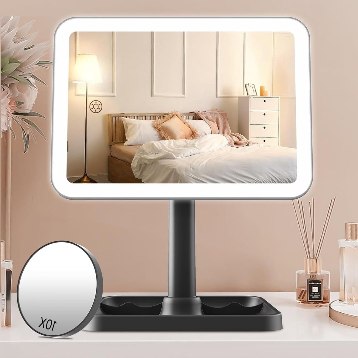 Oplaadbare Make-up Spiegel met Verlichting, Dimbare Touch Sensor, Draagbare Reis Spiegel en 10x Vergroting voor Badkamer en Kaptafel
