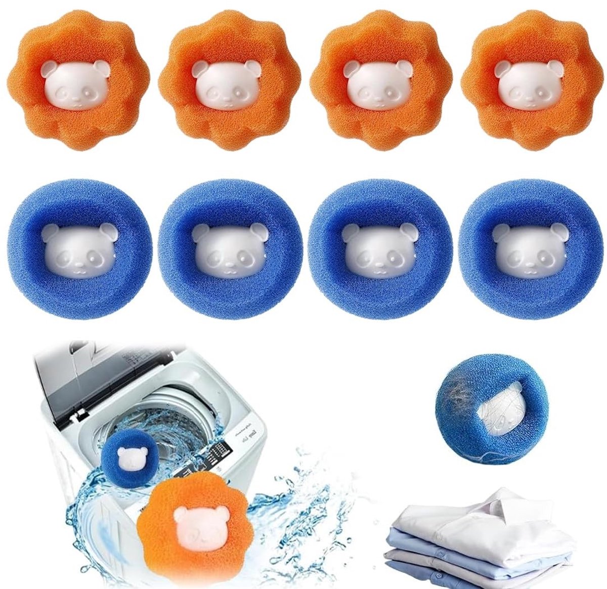 Dailygoody - Haarvanger wasmachine - Herbruikbaar - Anti-klitten - 8 stuks - Wasbal voor honden en katten - Beschermt wasgoed - Kleur blauw en sinaasa