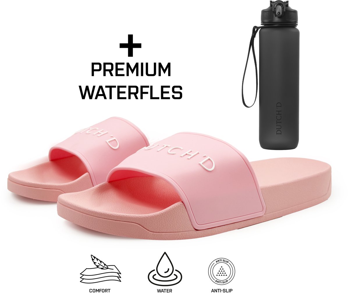 Badslippers + Waterfles - Badslippers Dames - Roze - Unisex - Slippers - Badslipper - Maat 37/38 - Pink - Anti Slip - Sauna slippers