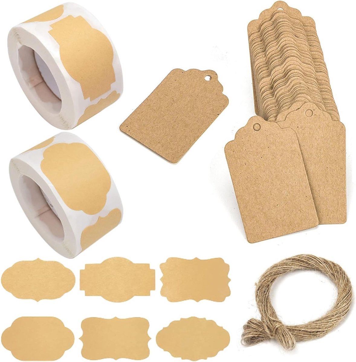 600 Stuks Natuurlijke Kraft Papieren Stickerset met Zelfklevende Voedsellabels, 6 Vormen Lege Labels voor Flessen, Dozen en Cadeauverpakking