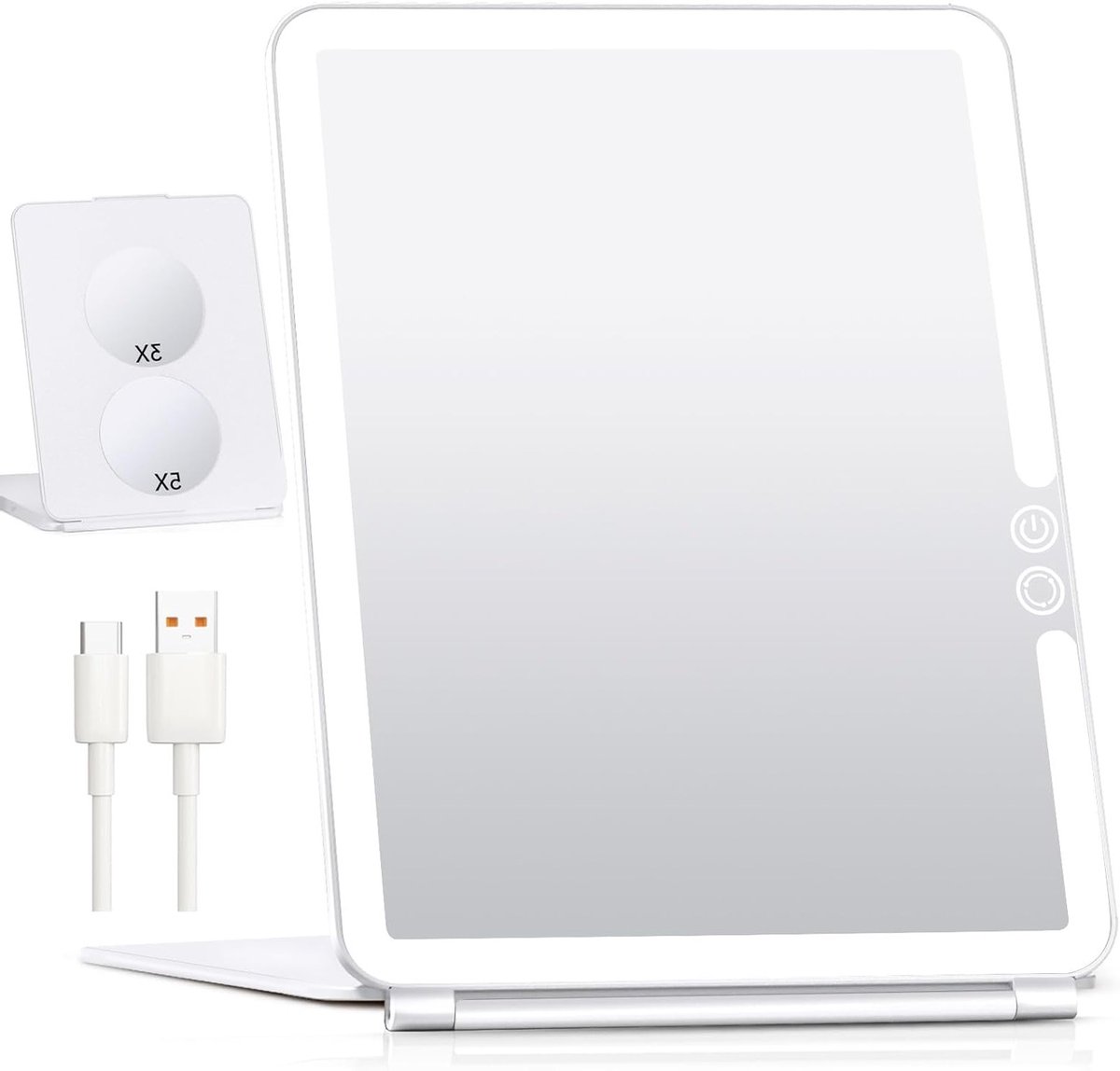 Grote Reis Make-up Spiegel met Verlichting en Vergroting 5X 3X, Oplaadbaar 1800mAh, Vouwbare Draagbare Spiegel met 3 Kleuren Licht voor Vrouwen en Meisjes