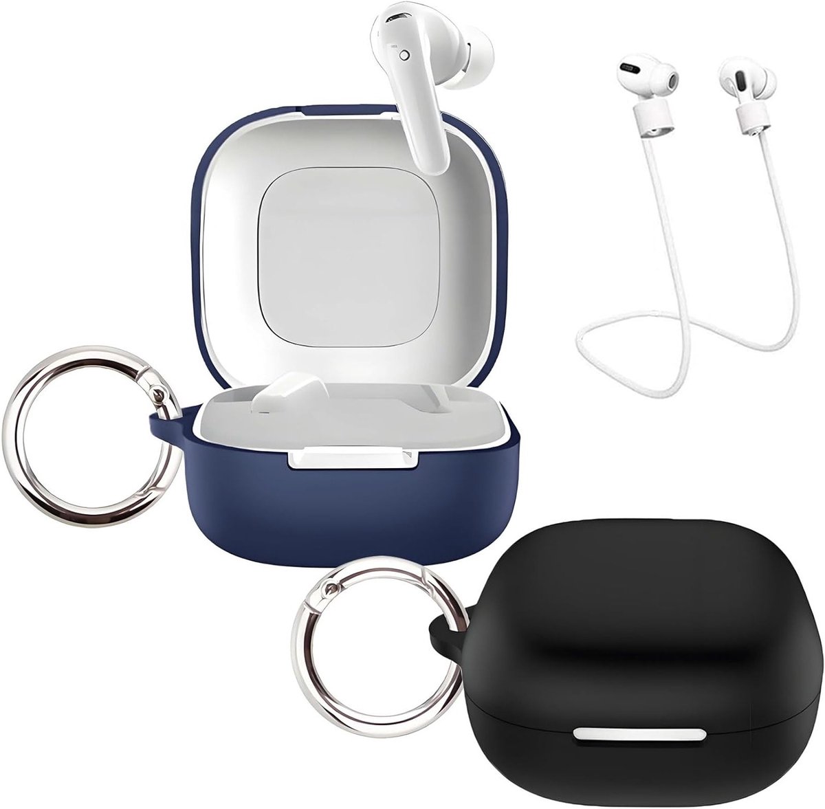 Beschermende Oplader Case voor Soundcore P31i met 2 Carabiner Haken, Antiverliesriem en Schokbestendige Silicone, Zwart en Blauw