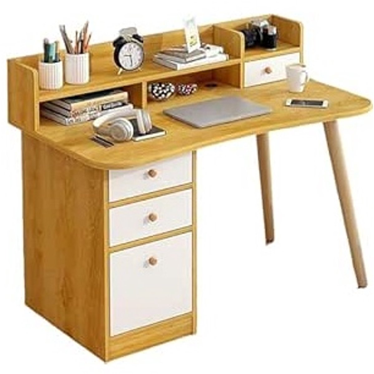 Computertisch 100 cm mit Schublade und Schrank – Moderner Holz Schreibtisch für Home Office, Arbeitsplatz, Laptop- und PC-Tisch, kompakter Bürotisch in Weiß