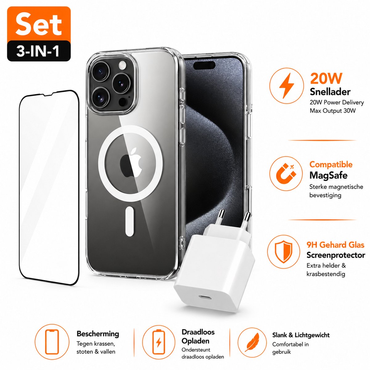 Compatible MagSafe Hoesje Geschikt voor iPhone 15 Pro Max + Screenprotector + Snellader Adapter Oplader – Transparant Telefoonhoesje met Magneet – USB-C Snellader 20W – Complete 3 in 1 Bescherming en oplaad set