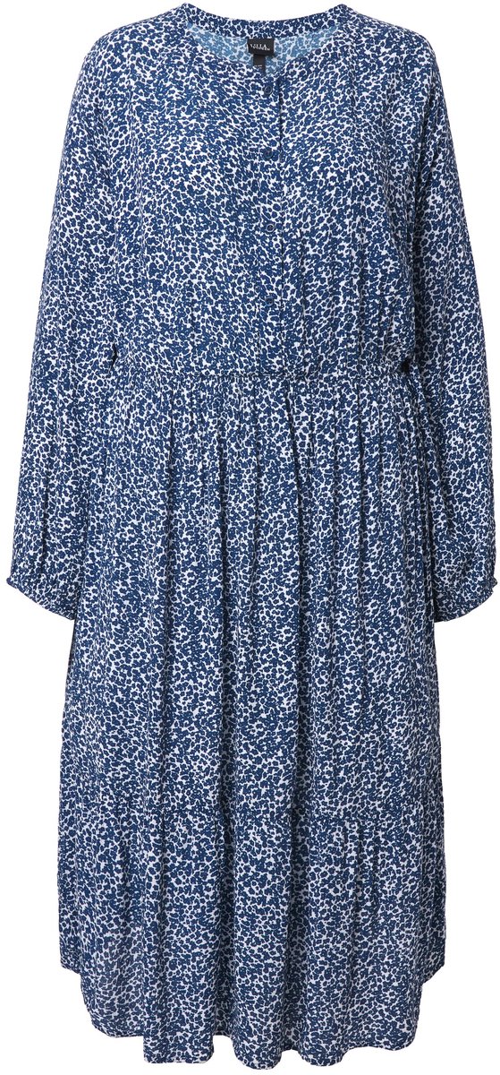 Ulla Popken Dames - Midi-jurk A-lijn ronde hals lange mouw crêpe - Donkerblauw - Maat 62+