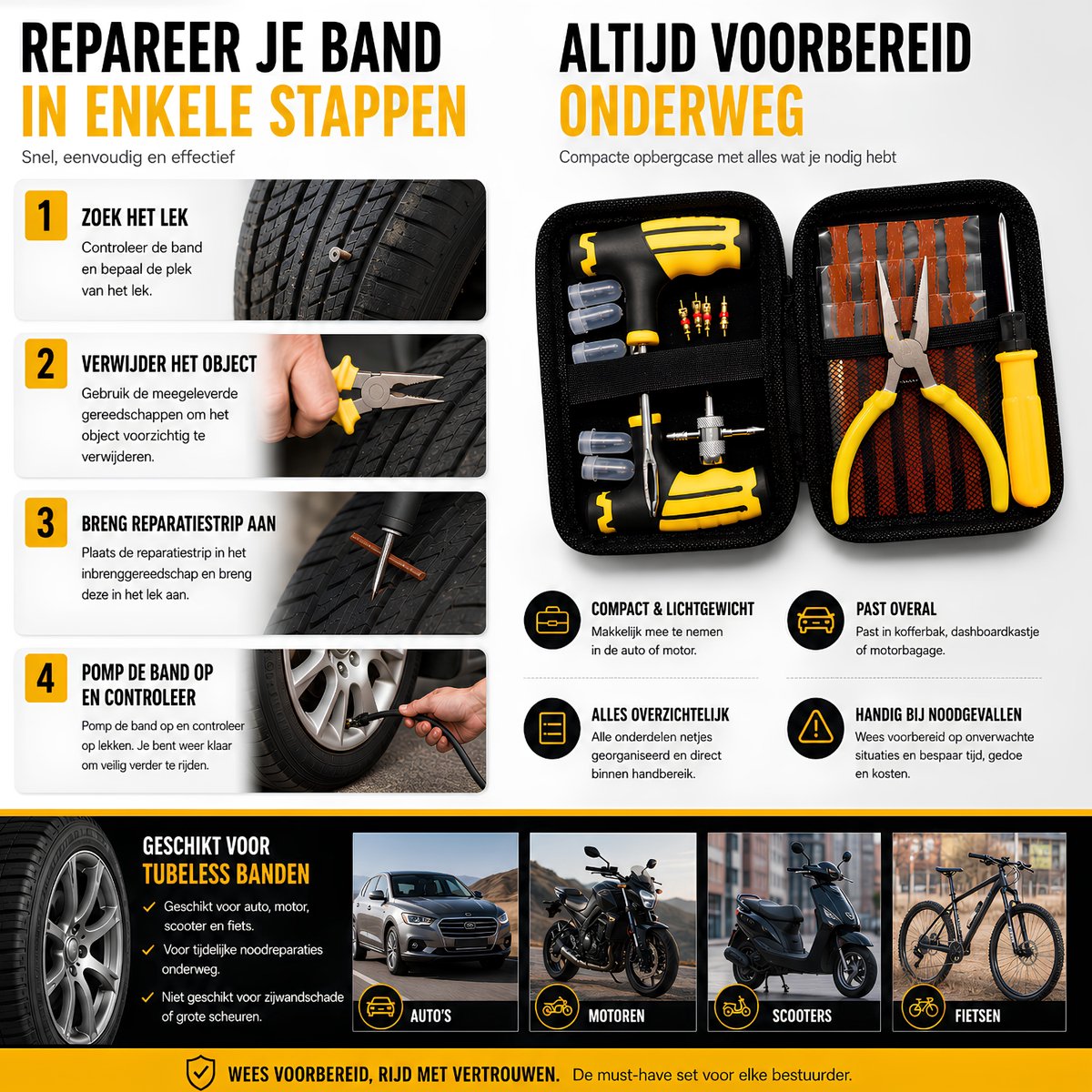 Bandenreparatieset- Banden Reparatieset Auto- Complete Set- Proppenset- Inclusief Handige Opbergtas- Reparatieset Voor Motor, Brommer Of Auto thumbnail 4